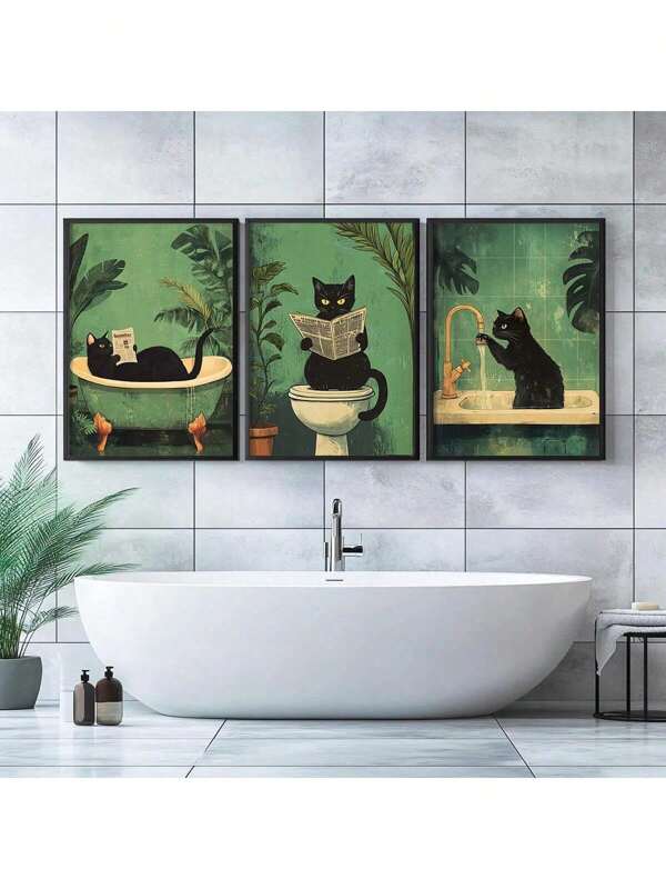 Set Of 3 Funny Bathroom Black Cat Wall Arts Canvas Prints, Vintage Animals Toilet Posters, Spring Decor, Indoor Modern Wall Decor, Artwork For Living Room, Bedroom, Bathroom, Tolilet, Cafe, Bar, Home Office, Hallway, Home And Room Decoration, Unframed