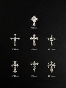 70件/7款经典欧美奢华金属十字架美甲饰品，混合银色，哥特风金属，简约3D十字架美甲饰品，适合女孩和女士美甲装饰，Y2K复古风美甲用品 - 銀色 - 查看 2