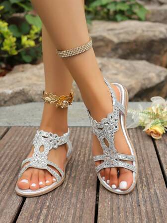 1 Pair Women's Slip-On Rhinestone Wedge Sandals, Soft Sole Skid-Resistant Summer Casual Beach Vacation Rhinestone Decor Round Toe Platform Comfortable Elevated Bridesmaid Party Shoes