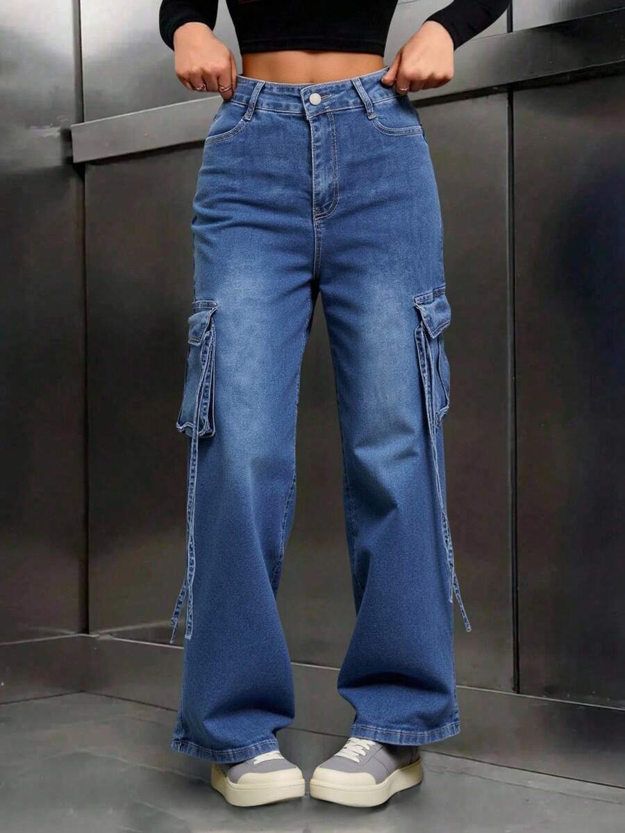 Pantalones jeans de campana de cintura alta azul, con múltiples bolsillos, estilo militar - trendy y prácticosLiso    Casual  Sexy  Fiesta  Elegante  Bohemio  Dulce    Cremallera  Bolsillo  Botón    Cargo  Noche de fiesta  Vacaciones  Diario  Formal y de noche  Trajes de aeropuerto  Concierto de música country  fiesta del té  Escenario y concierto    Cargo