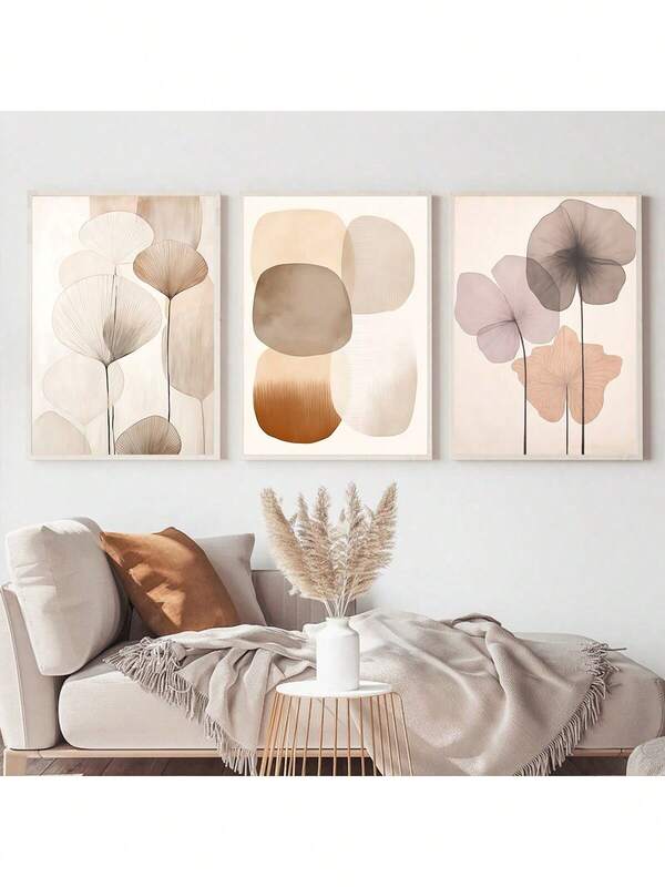 3pcs Unframed Simple Floral Wall Art Japanese Painting, Modern Home Decor Wabi Sabi Ali Geometric Abstract Poster, Neutral Beige Color, Bohemian Style Wall Art, Abstract Painting, Peaceful Poster, Art, 2D