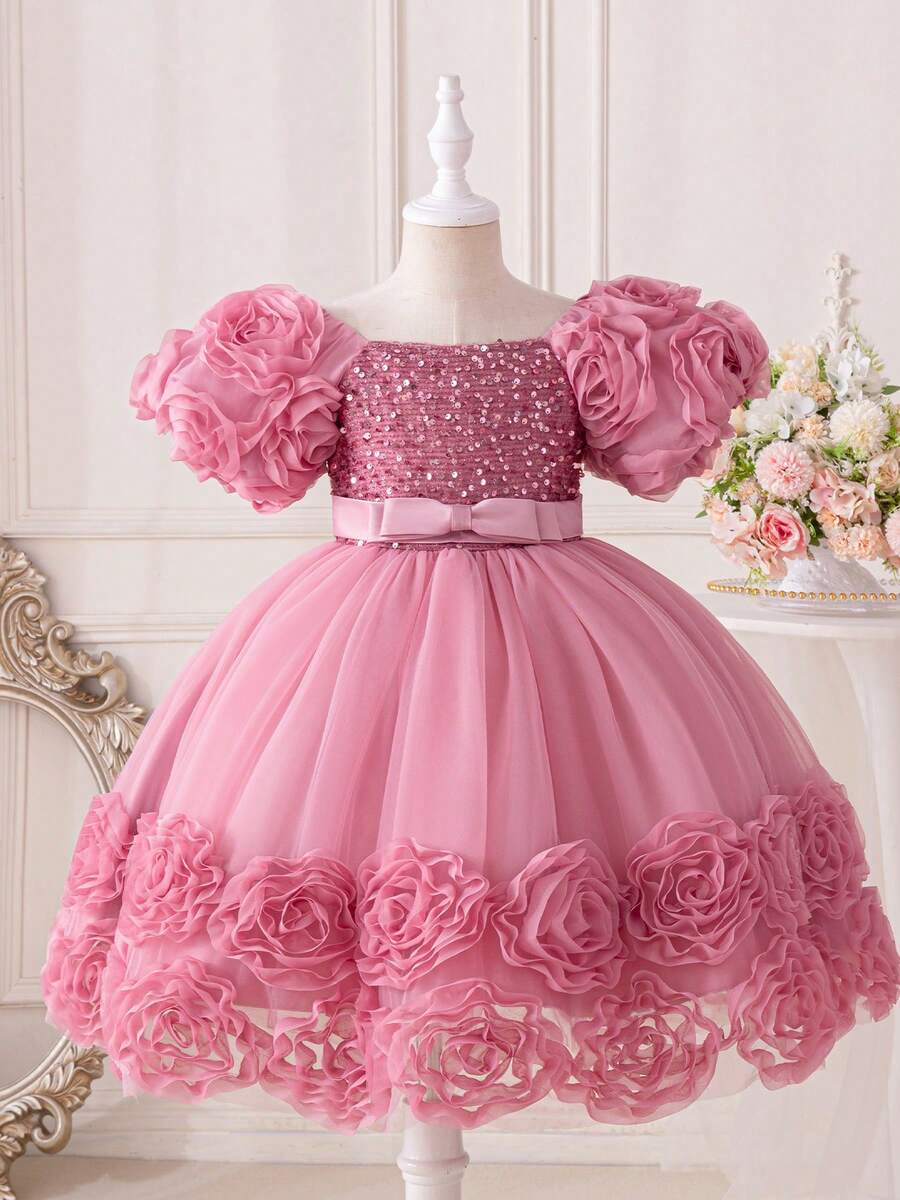 Girls' Floral Embroidery Princess Dress | Short Sleeve Party Gown With 3D Flower Sleeves & Tulle Skirt | Sparkly Waist Bow For Wedding, Graduation, Birthday (Ages 2-7) - Bụi hồng - Xem 1
