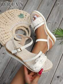 WRCVS 白色系带编织坡跟凉鞋，夏季厚底绳底时尚度假凉鞋，蝴蝶装饰，水钻点缀学生波西米亚风格厚底鞋 - 白色 - 查看 1
