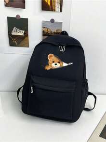 Minimalist Solid Color Multi-Functional Large Capacity Student Backpack, Back To School - Black - View 2
