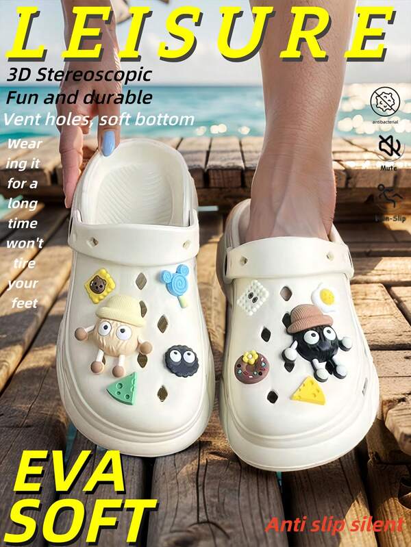 Seasonal New And Fashionable Men's Perforated Shoes Cartoon-Style Fun 3D DIY Accessories,EVA Material Is Soft, Comfortable, Lightweight, Breathable, And Antibacterial.It Is Slip-Proof, Silent, Odor-Resistant, And Quick-Drying.Outdoor Casual Walking Beach Shoes For Men, Featuring Thick Soles And Holes.