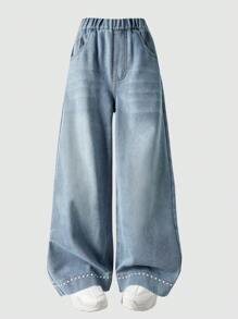 Girls' Polka Dot Embroidered Flared Leg Jeans - Blue - View 8