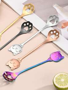 1 pièce Cuillère à café en acier inoxydable avec patte de chat porte-bonheur et visage souriant, cuillère à dessert mignonne de chat, cuillère à glace - Multicolore - Voir 7