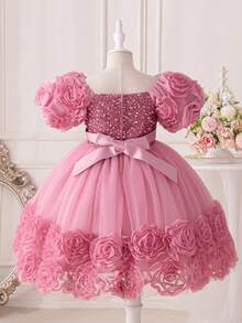 Girls' Floral Embroidery Princess Dress | Short Sleeve Party Gown With 3D Flower Sleeves & Tulle Skirt | Sparkly Waist Bow For Wedding, Graduation, Birthday (Ages 2-7) - Bụi hồng - Xem 2