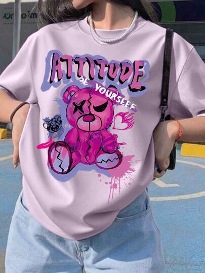 Teen Girls Attitude Teddy Print, Short Sleeve Soft Tee, Casual Street Wear Summer, Girls Tops