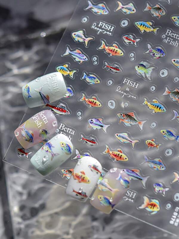 1 Folha de Adesivos de Arte de Unhas da Série Mundo Animal Marinho Finos e Resistentes, Peixes Tropicais e de Alto-Mar, Autoadesivos para Decoração de Unhas DIY, Adesivos de Animais Autoadesivos