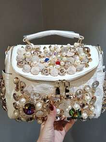Ladies' Fashionable And Elegant Diamond Embellished Shoulder Bag, Luxurious Pearl Handbag, Large Capacity Banquet Crossbody Bag, Perfect For Daily Use And Dinners - 白色 - 查看 6
