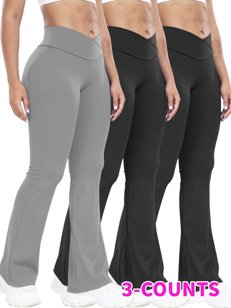 3-Pack Women's Flare Leg Yoga Pants - High-Waisted Cross Waistband, Smooth Stretchy Knit Fabric - All-Season Sports Leggings | Tummy Control | Butt Lifting Design - 黑黑灰 - 查看 1