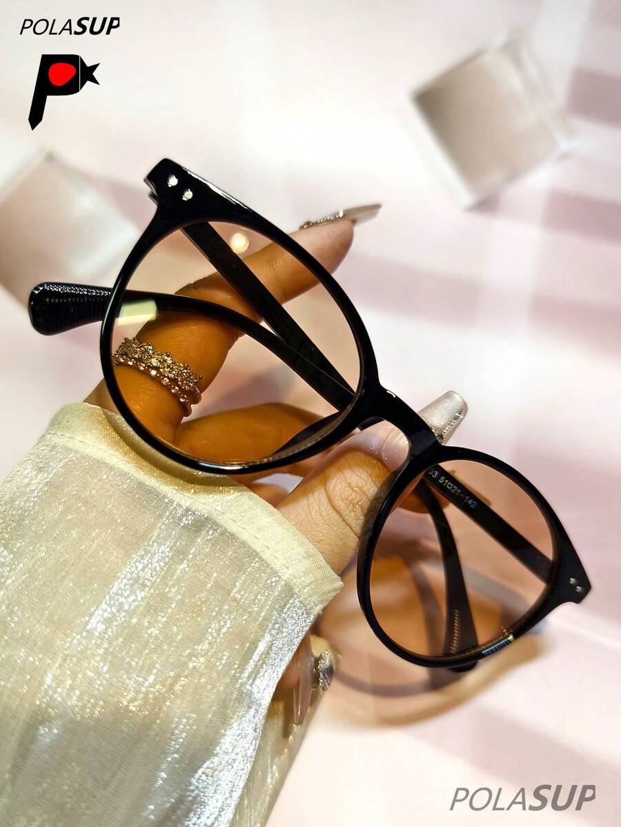 POLASUP 1pc Personalized Fashion Versatile Round Frame Fashion Glasses, Retro 60s Hong Kong Style Fashion Glasses For Women, New Fashion High-End Rivet Round Frame Fashion Glasses, Chic Minimalist Rivet Polarized Fashion Glasses, Classic European & American Style Round Shape Shades - 彩色 - 查看 1
