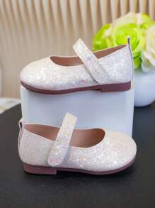 1 Pair Girl Glitter Material Square Toe Flat Shoes, Cute Kids Casual Shoes Suitable For Outings, Gatherings And Festivals All Year Round