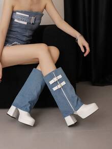 Sexy Plateau Dicksohlen Stiefel für kleine Frauen, wasserdichte Klotz Absatz Stiefel bis zur Wade, Patchwork High Heel Skinny Jeans Stiefel - Blau - Übersicht 3