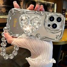 1 套 3 件（手机壳 + 支架 + 挂绳）个性化字母定制手机壳，一套水钻闪亮心形支架适用于 电镀银色新款手链手机绳手机壳套装，定制字母名称，复古纯色情侣手机壳 - 銀色 - 查看 5