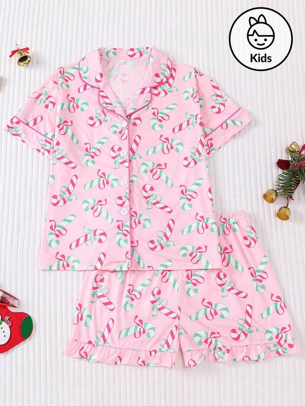 2pcs/Set Sweet Pink Christmas Candy Print Pajamas For Kids, New Style Collared Shirt With Short Sleeves And Loose Ruffle Hem Shorts, Featuring Green Christmas Candy Cane Print, Lightweight Washable Outfit, Suitable For Girls, Holiday Party & Sleepwear Set, Children Gift Set