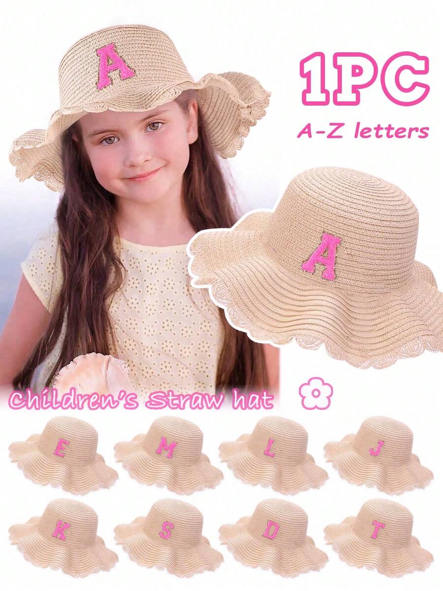 1pc Kids' Customized 26 Letter Straw Hat With Floral Brim, Suitable For Gifting, Daily Outdoor, Picnic, Beach, Vacation Wear - Pink - View 1
