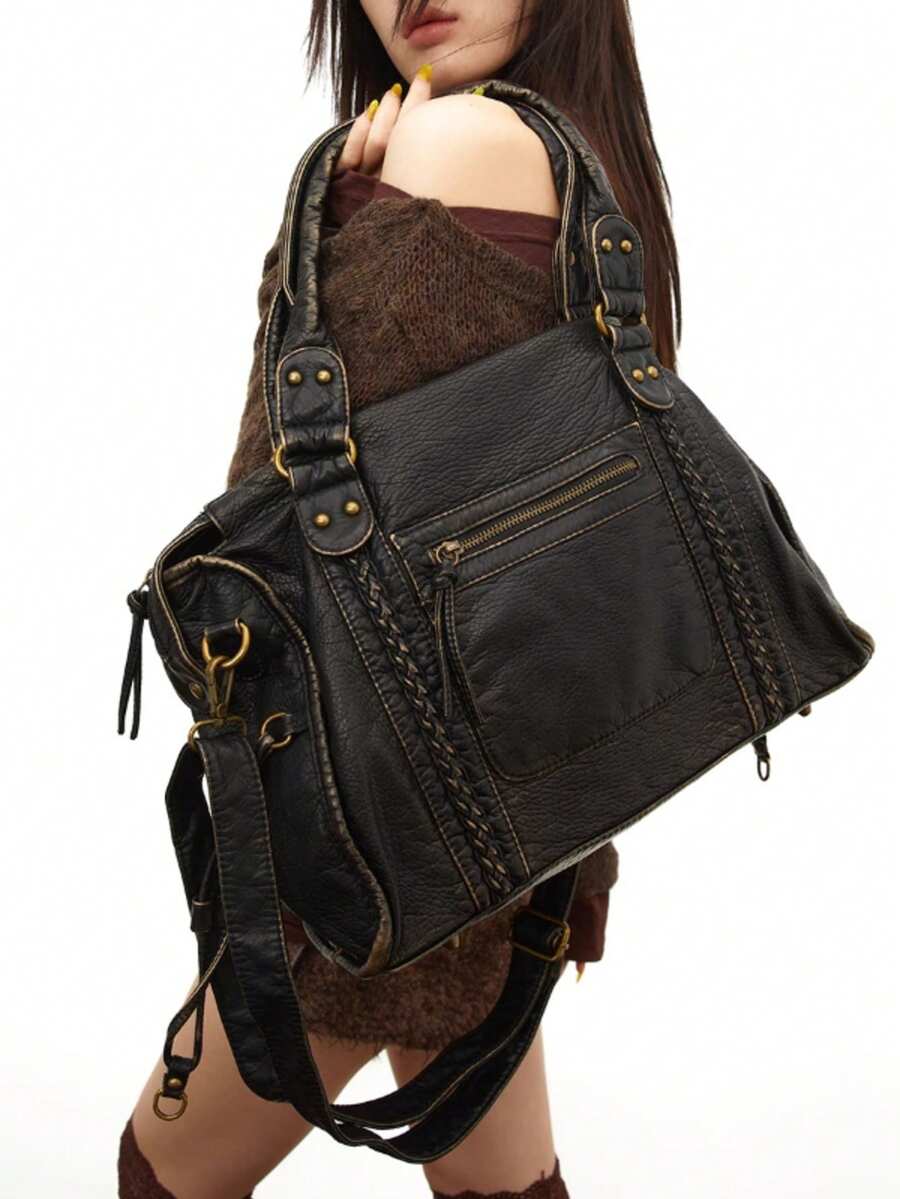 女士时尚街头朋克复古单肩包，大容量Y2K机车包，纯素皮革城市通勤包，可拆卸肩带斜挎包，适合日常使用和聚会，节日送礼佳品 - 黑色 - 查看 1