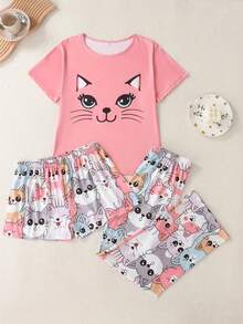 3-Piece Plus Size Cartoon Cat Round Neck Short Sleeve Pajama Set - Nhiều màu - Xem 4