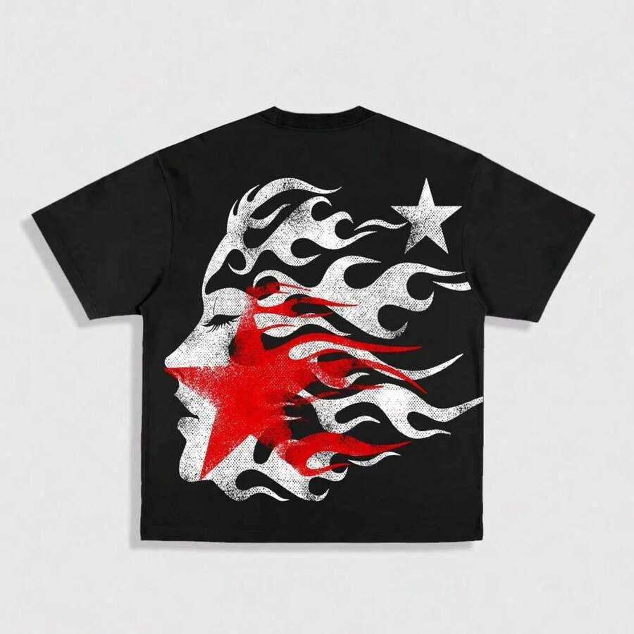 2025 New Pure Cotton T-Shirt 1PC Hells Star Print Men's Round Neck Short-Sleeved Cotton T-Shirt Casual Summer Short-Sleeved Women - 黑色 - 查看 1