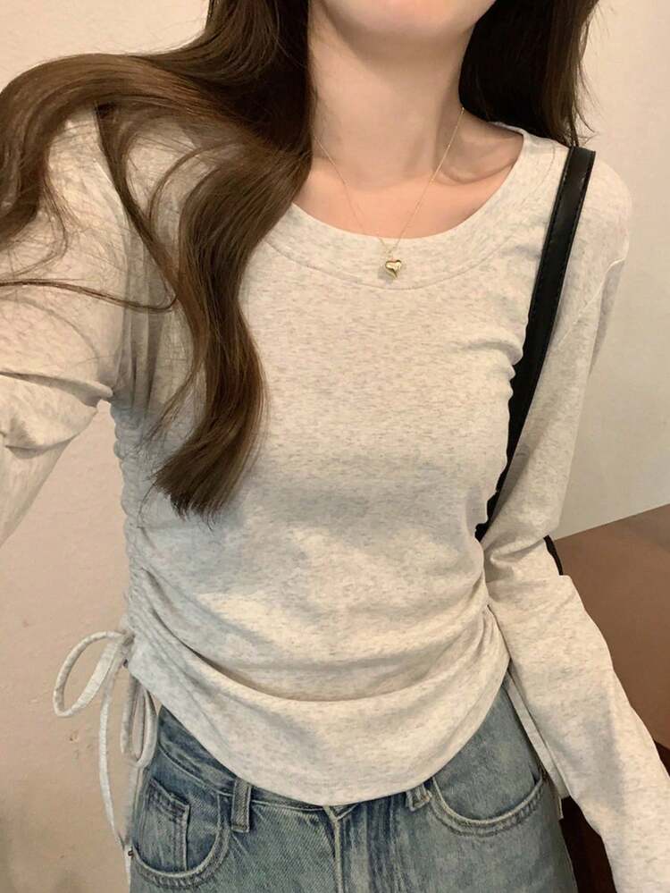 合身圆领抽绳设计长袖，韩版百搭 - 灰色 - 查看 3