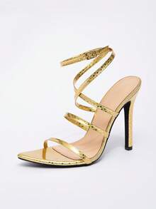 女士尖头星形交叉踝带细高跟凉鞋，优雅迷人的时尚派对，适合所有季节的金色正装鞋 - 金色 - 查看 11