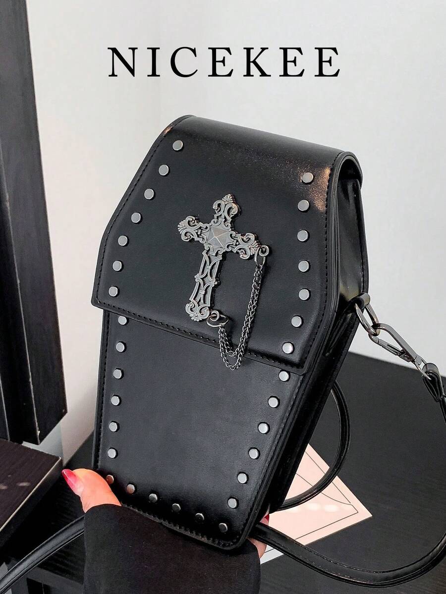 Y2K 甜美酷炫小众设计斜挎包，十字架和链条装饰，铆钉搞怪复古极具魅力的特殊造型手机包，哥特朋克个性单肩包，适合万圣节派对角色扮演装扮 - 黑色 - 查看 1