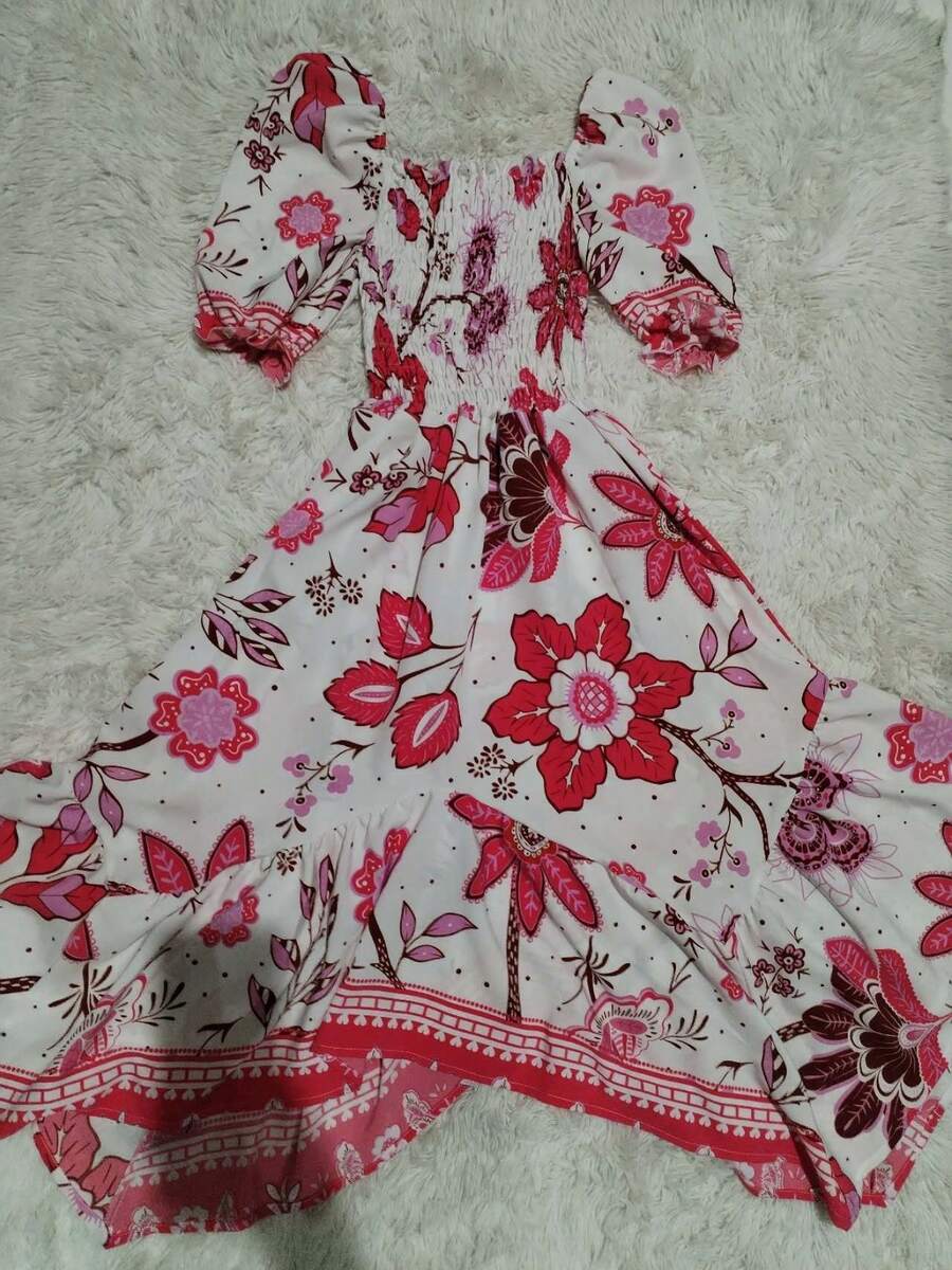 Women's Elegant Printed Midi Dress With Short Sleeves - 西瓜粉 - 查看 1