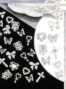60PCS Silver Nail Charms 3D Bows For Nails 8 Shapes Butterfly Nail Charms Shiny Crystal Heart Nail Charms Alloy Silver Nail - Bạc - Xem 4