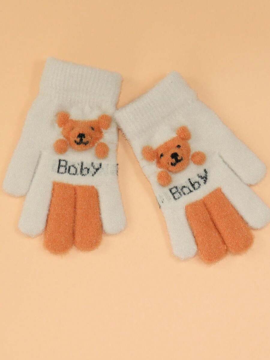 1 双儿童 6-12 岁保暖五指针织手套，可爱卡通设计，适合男孩和女孩，秋冬