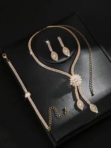 4 Pieces Women Wedding Jewelry Set Including Necklace, Earrings & Bracelet, Retro Style, Bride Accessories, Thanksgiving Gift Valentine's Day Accessories - Gold - View 4