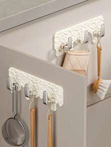 1pc Cream Colored Triple Hook Adhesive Bathroom Wall Hanging Rack, No Drilling Required