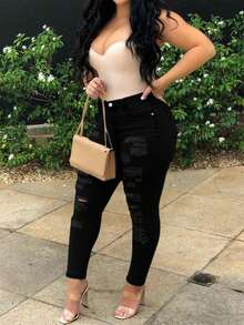 Ladies Ripped Jeans Pants - Stretchy Tear-Off Skinny Jeans Pants With Frayed And Zipper Closure Design Sexy Butt-Lifting Pants; Vintage Women's Summer Pants. - 黑色 - 查看 3