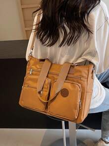 Nuevo bolso de mujer tipo tote de gran capacidad, estilo retro, de unicolor, versátil y elegante, bolso de hombro casual y simple, con correa de hombro ajustable, adecuado para salir, citas, compras y uso diario. - Marrón - Ver 4