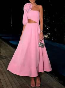 Show-Stopping 3D Floral Gown - One-Shoulder Evening Dress W/ Waist Cutouts & Dramatic Full Skirt | Black Tie Wedding Guest & Red Carpet Dress