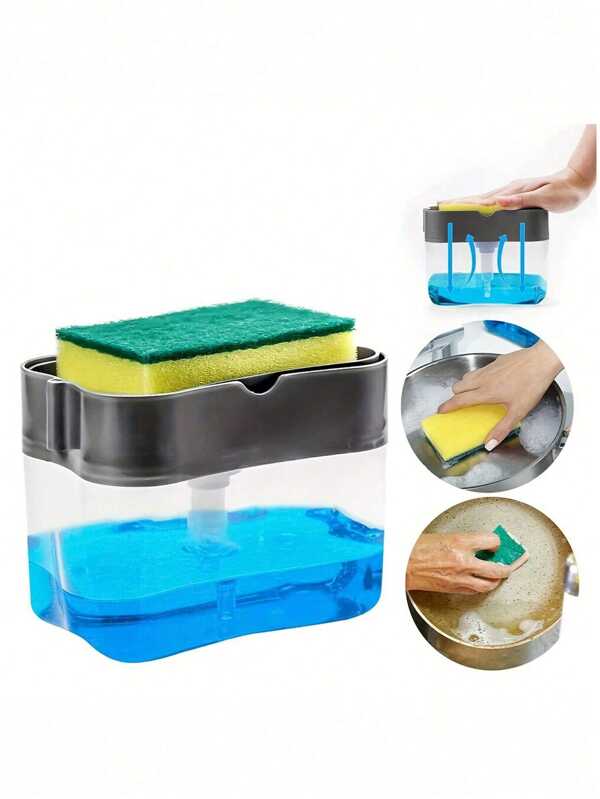 1 Peça Dispenser de Sabão com Esponja para Lavar Louça, Limpeza e Manutenção de Pia, Dispenser de Líquido para Lavar Louça com Bomba para Lavar Louça e Limpeza, Equipado com Dispenser de Sabão de Cozinha com Esponja