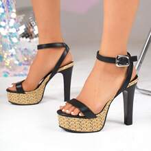 1 双女士厚底高跟凉鞋，波西米亚性感闪光扣带，简约带子设计，时尚百搭，舒适稳定，适合日常办公室穿着