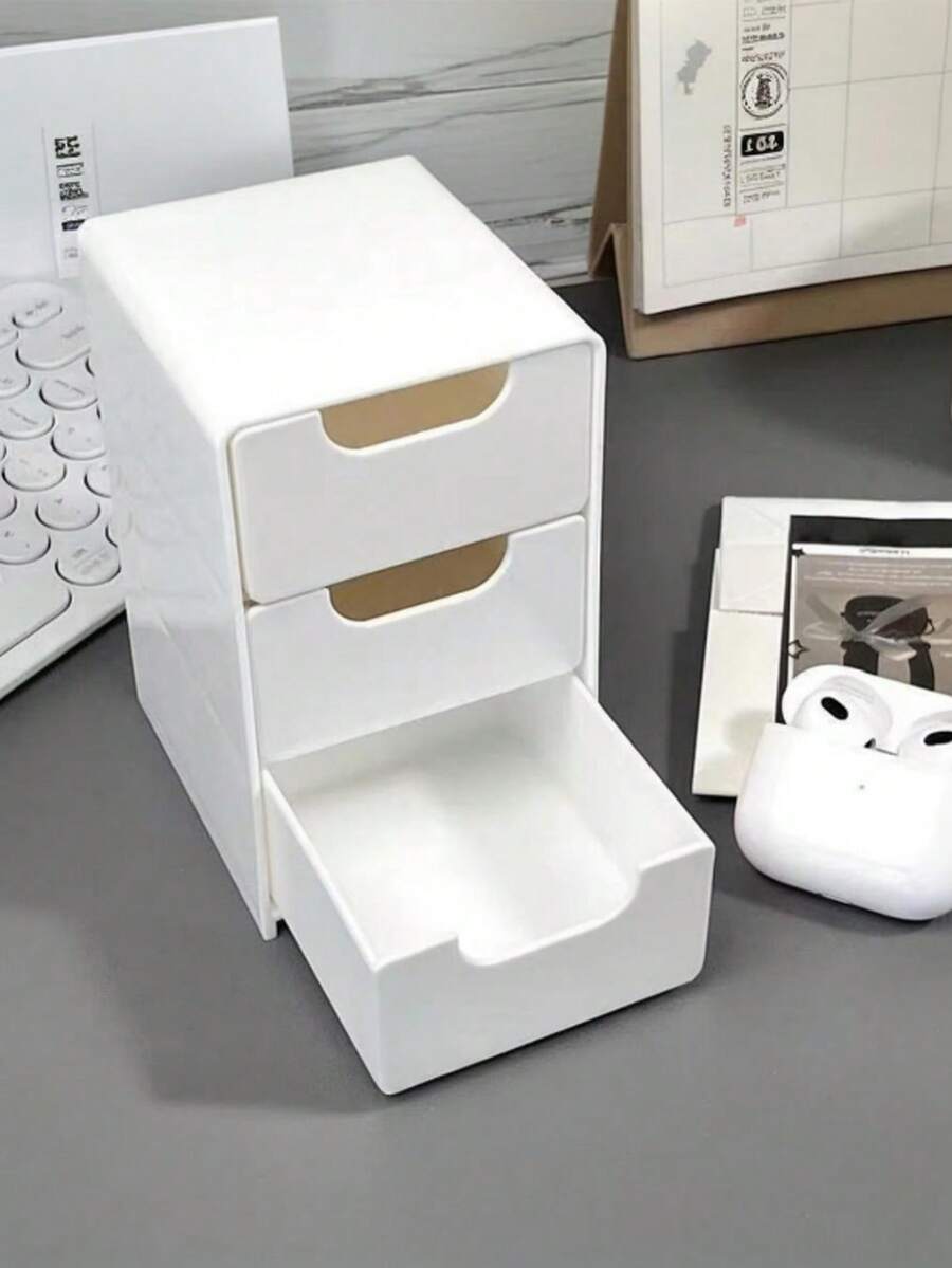 Mini Desktop Small Storage Box Furniture Office Organization Artifact Jewelry Lipstick Drawer Cosmetics Storage Box Space-Saving Plastic Desktop Storage Box With 3 Drawers For Cosmetics And Accessories For Women Storage Organizer Travel Essentials Back To School Dormitory Storage - White - View 1