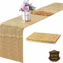 1pc Gold Sequin Table Runner 12*108 Inches, Sparkly Sequin Fabric Tablecloth For Wedding, Birthday Party, Formal Dinner, Hotel Event, Home, Outdoor, Restaurant, Buffet, Dessert Table Decor - Multicolor - View 2