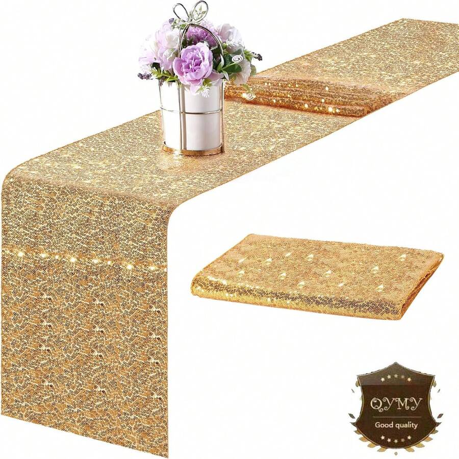 1pc Gold Sequin Table Runner 12*108 Inches, Sparkly Sequin Fabric Tablecloth For Wedding, Birthday Party, Formal Dinner, Hotel Event, Home, Outdoor, Restaurant, Buffet, Dessert Table Decor