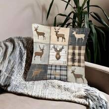 1 Stück/2 Stücke Hirsch Patchwork Kissenbezug im Landhausstil, umkehrbar in rustikalen neutralen Farben, verschiedene Größen erhältlich, Leinengemisch, Reißverschluss, maschinenwaschbar, gewebter Polyester, künstlerisch bedruckter Kissenbezug, geeignet für Wohndekoration