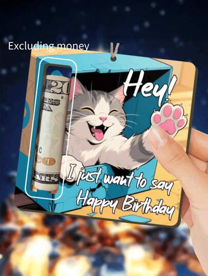 [ Perfect Gift ] Humorous Cat Birthday Wallet "Hey! I Just Want To Say Happy Birthday" Wooden Decoration, Cartoon Theme Gift, Suitable For Cat Enthusiasts, High Quality Wood, Perfect Celebration With Pets