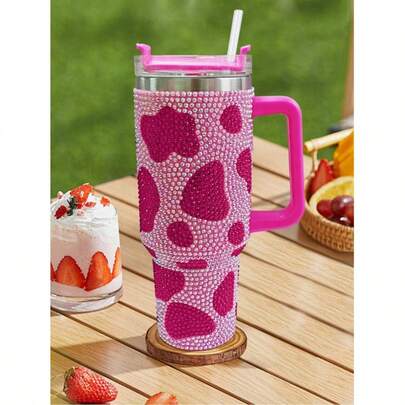 1 pieza Vaso de acero inoxidable de gran capacidad de 40 onzas con decoración de rhinestones y pajita, ideal para volver al colegio