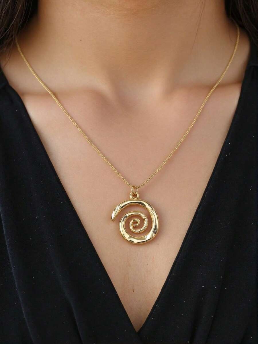 Bohemian Spiral Swirl Pendant Necklace, Vintage Oval Swirl Pendant Necklace, Gold Tone Shiny Embellishment, Suitable For Daily Wear And Party, Women's Summer Jewelry Gift, Exquisite Craftsmanship - 金色 - 查看 1