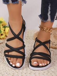 女士新款时尚厚底软中底耐磨厚底绑带松紧带凉鞋，户外休闲运动凉鞋 - 黑色1 - 查看 4