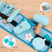 Set de sac en bois pour la coupe de cheveux simulée, outils de jeu de rôle pour la coupe de cheveux et le maquillage pour enfants, jouets de maison de poupée en bois pour bébés, jouets interactifs de puzzle de jeu de rôle