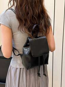 South Korea Large Capacity Pu Backpack Niche Simple Literary Style Bunches Drawstring Backpack Classic Holiday Travel Office Workers Suitable For Bags - Black - View 10