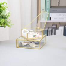 Minimalist Home Decor Desktop Ornament, Transparent Glass With Pure Copper Edging, Embedded Glass Vanity Organizer Box, Cosmetic Display Dust-Proof Jewelry Box - Gold - View 5