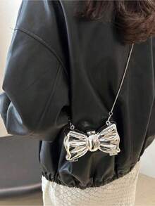 Acrylic Electroplated Metallic Silver Shiny Bow Decor Clutch Bag, Versatile Women's Personalized Fashion Chain Lipstick Pouch, Jewelry/Earphone/Cosmetic Storage Box, Ladies, Suitable Valentine's Day, Party, Wedding Dress Decoration, Date Use Shoulder/Crossbody Bag, Elegant Ladies Coin Purse - Bạc - Xem 8